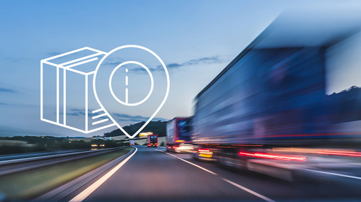 Bild einer befahrenen Autobahn mit einem Paket- und Standort-Icon im Vordergrund