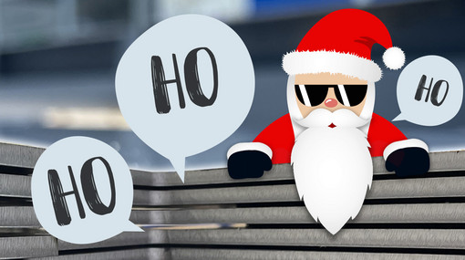 Grafik eines Nikolaus auf Metallstapel mit "Ho" in Sprechblase