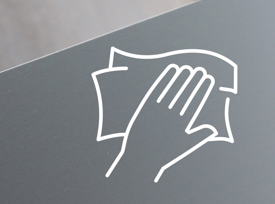 Weißes Hand-Piktogramm mit Reinigungstuch auf Eloxierter Aluminium Platte