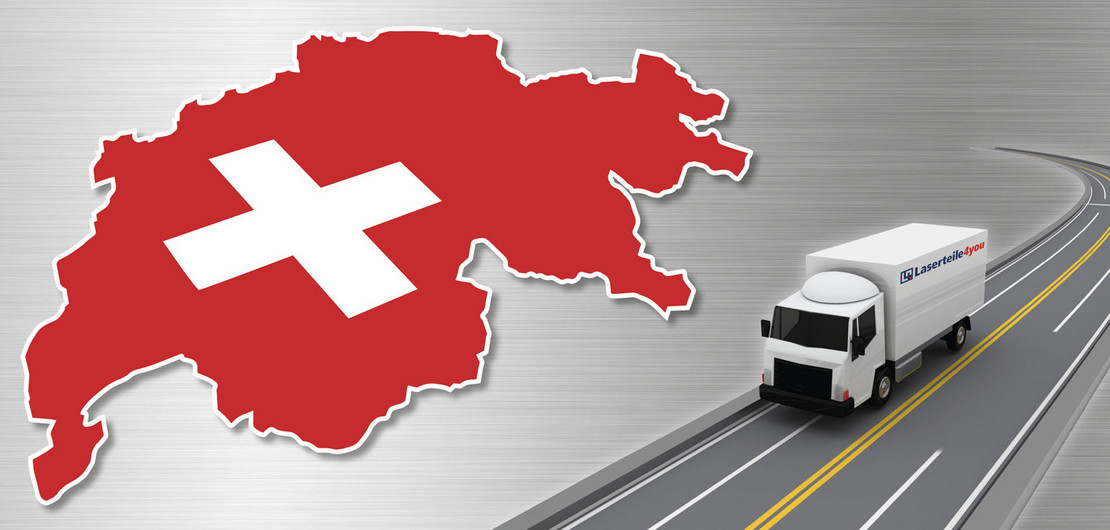 Umriss der Schweiz mit Flagge und fahrender Laserteile4you-LKW